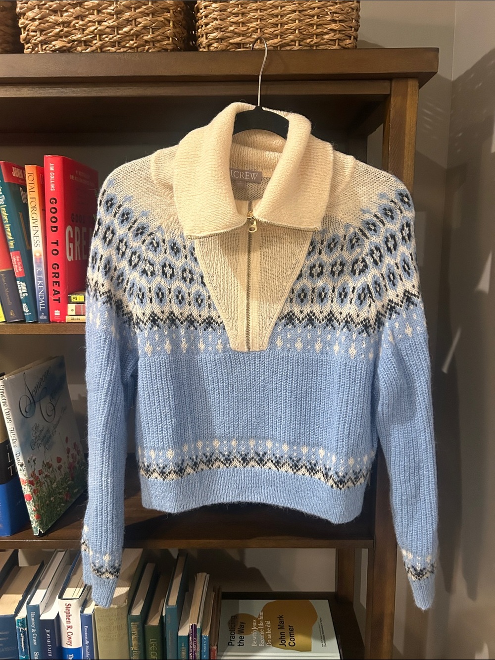 J. Crew Light Blue and Cream Fair Isle Zip-Turtleneck Sweater
